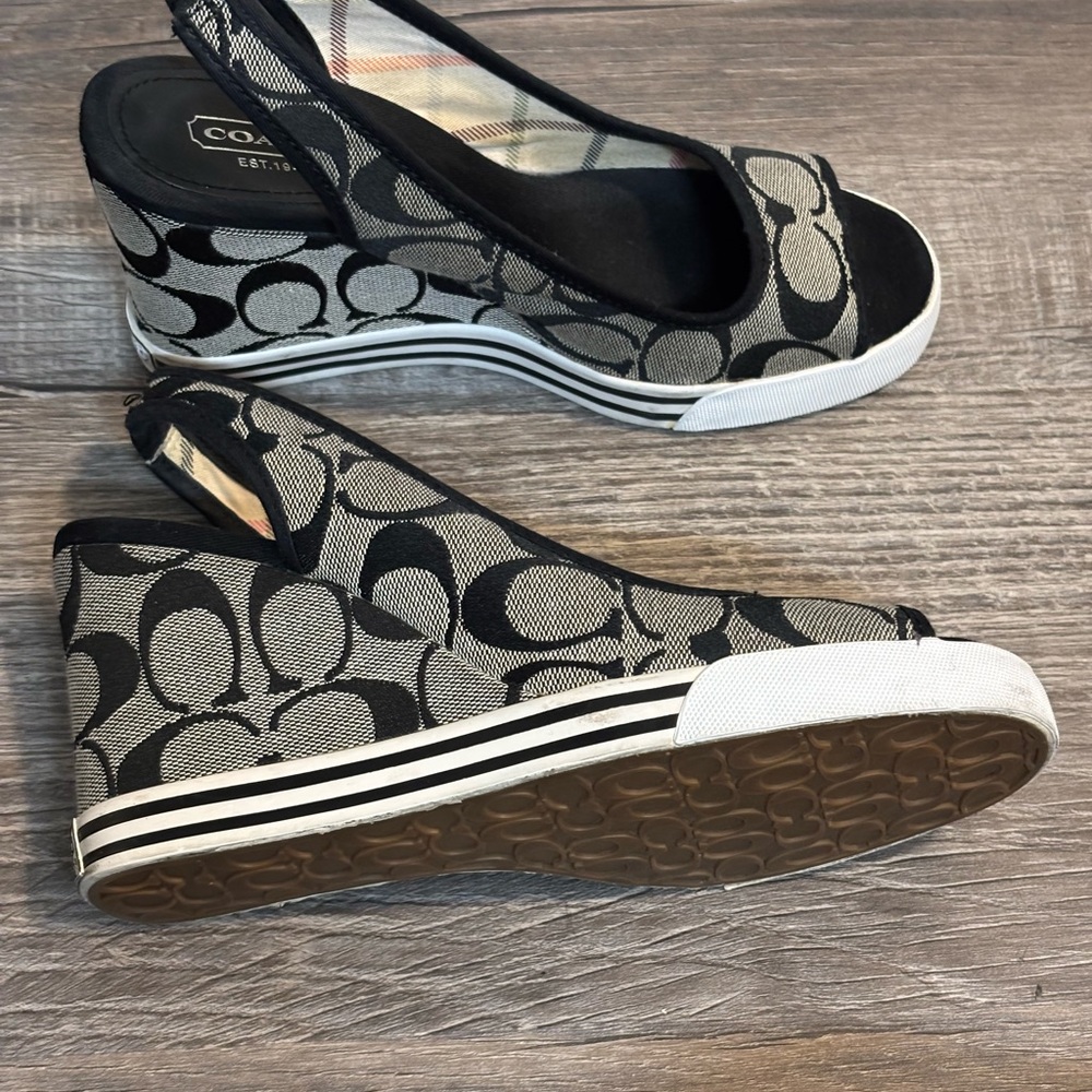 Coach Women's Black and Tan Wedge Sandals - Picture 3 of 6